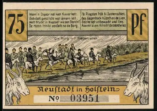 Notgeld Neustadt in Holstein 1921, 75 Pfennig, Die Burg mit Ziegenreiten und der Hafen