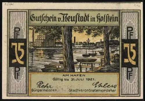 Notgeld Neustadt in Holstein 1921, 75 Pfennig, Die Burg mit Ziegenreiten und der Hafen