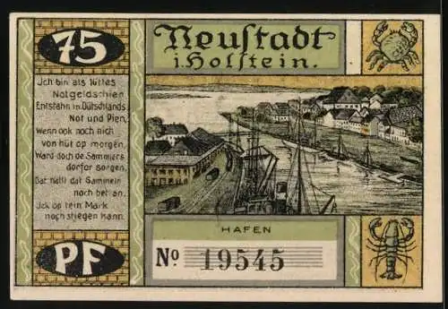 Notgeld Neustadt in Holstein 1921, 75 Pfennig, Hafen und das Politische Laboratorium