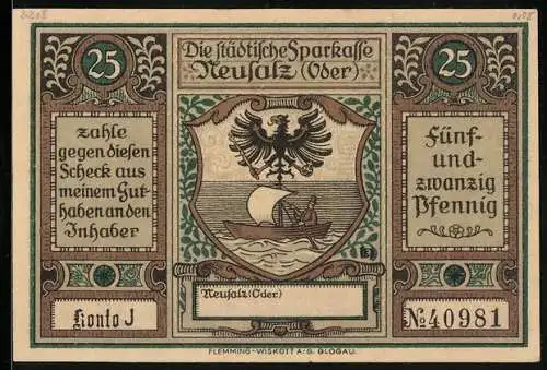 Notgeld Neusalz /Oder, 25 Pfennig, Erhebung zur Stadt durch König Friedrich den Grossen