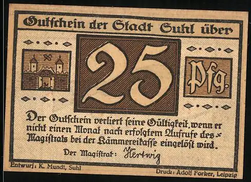 Notgeld Suhl, 25 Pfennig, Wappen und Flinte