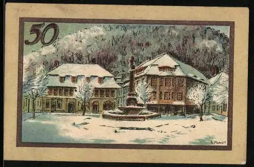 Notgeld Suhl, 50 Pfennig, Wappen und Ortspartie im Schnee