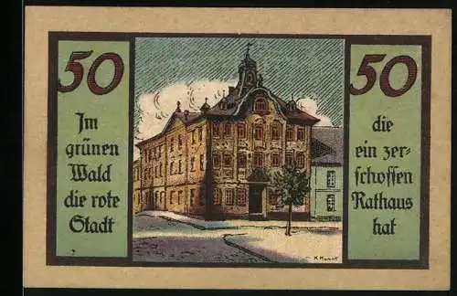 Notgeld Suhl, 50 Pfennig, Wappen und Strassenpartie