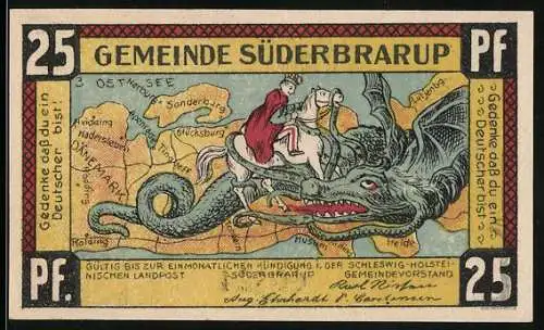 Notgeld Süderbrarup, 25 Pfennig, Kampf gegen Drachen und Schleswig-Holsteinische Einigkeit