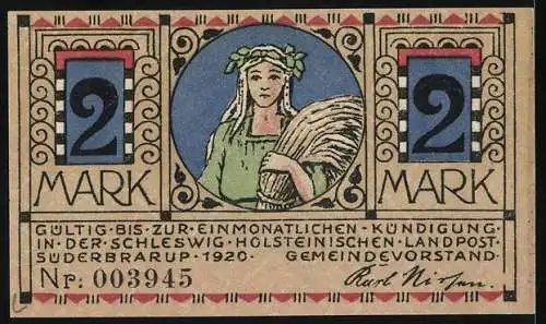 Notgeld Süderbrarup 1920, 2 Mark, Erntesymbol und Wanderer