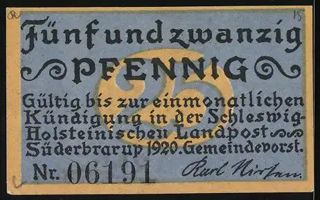 Notgeld Süderbrarup 1920, 25 Pfennig, Rahmen mit Voluten