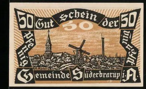 Notgeld Süderbrarup 1920, 50 Pfennig, Ortsansicht mit Windmühle und Schwein