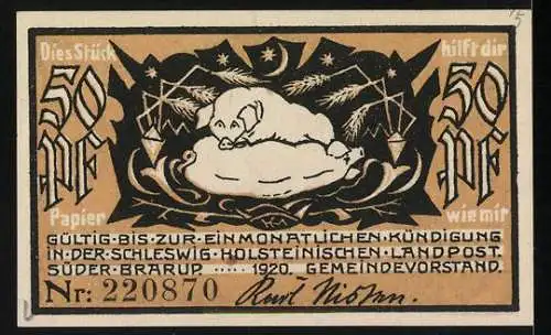 Notgeld Süderbrarup 1920, 50 Pfennig, Ortsansicht mit Windmühle und Schwein