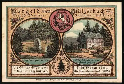 Notgeld Stützerbach W. A. 1921, 75 Pfennig, Dreiherrenstein und RUnkelrüben-Vogel-Compagnie