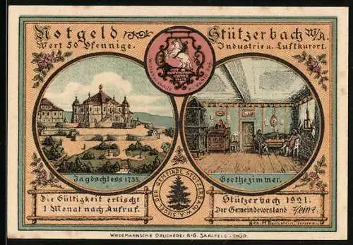 Notgeld Stützerbach W. A. 1921, 50 Pfennig, Jagdschloss, Goethezimmer und Goethe und Karl August auf der Jagd