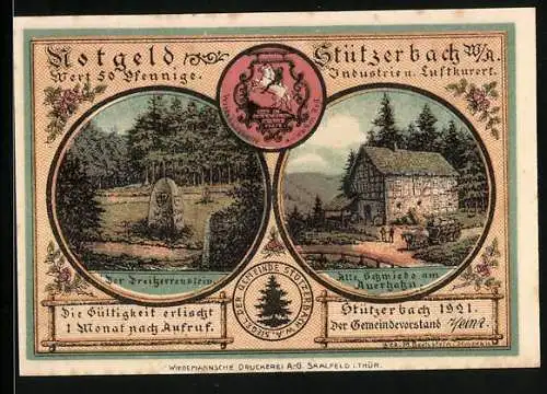 Notgeld Stützerbach 1921, 50 Pfennig, Dreiherrenstein, Alte Schmiede und Goethe