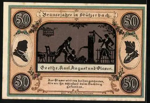 Notgeld Stützerbach 1921, 50 Pfennig, Dreiherrenstein, Alte Schmiede und Goethe