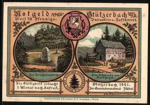 Notgeld Stützerbach W. A. 1921, 75 Pfennig, Dreiherrenstein, Alte Schmiede und Vogelschiessen