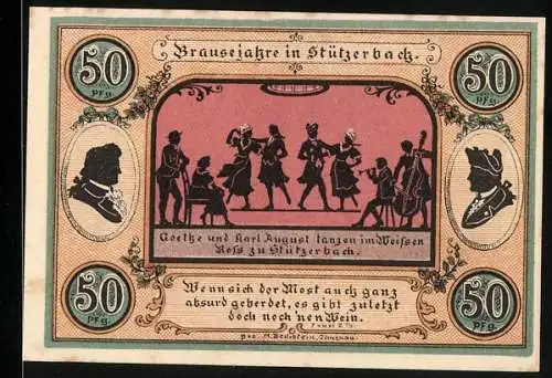 Notgeld Stützerbach 1921, 50 Pfennig, Jagdschloss, Goethezimmer und Goethe und Karl August