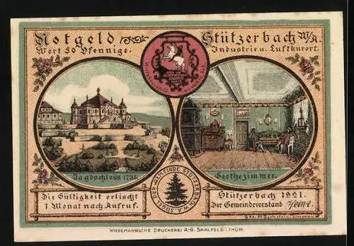 Notgeld Stützerbach 1921, 50 Pfennig, Jagdschloss, Goethezimmer und Goethe und Karl August