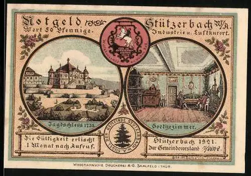 Notgeld Stützerbach W. A. 1921, 50 Pfennig, Jagdschloss, Goethezimmer und Nachtlager im finsteren Loch