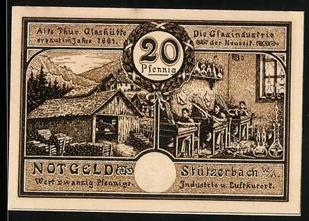 Notgeld Stützerbach W. A. 1921, 20 Pfennig, Alte Glashütte und Zahnradbahn