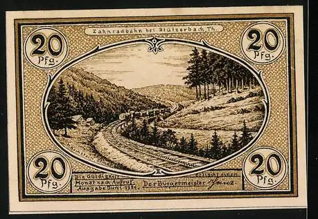 Notgeld Stützerbach W. A. 1921, 20 Pfennig, Alte Glashütte und Zahnradbahn