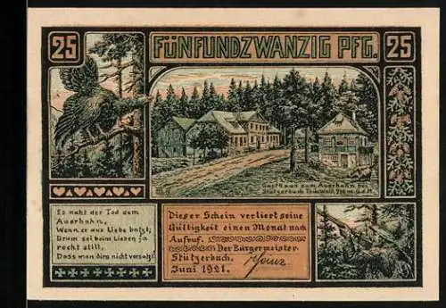 Notgeld Stützerbach W. A. 1921, 25 Pfennig, Gasthaus zum Auerhahn und Goethebahn