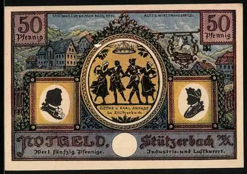 Notgeld Stützerbach 1921, 50 Pfennig, Gasthaus zum Weissen Ross, Wirtshausschild, Jagdschloss