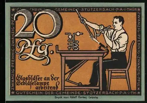 Notgeld Stützerbach 1921, 20 Pfennig, Glasbläser an der Gebläselampe arbeitend