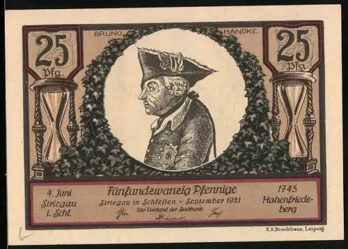 Notgeld Striegau in Schlesien 1921, 25 Pfennig, Inschrift am Kreuz auf dem Spitzberg