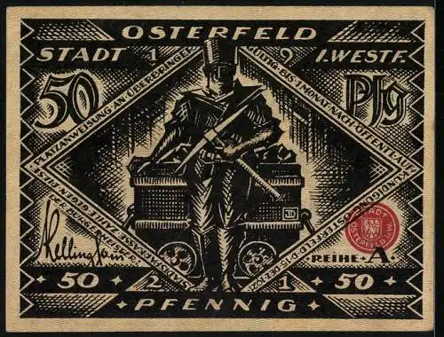 Notgeld Osterfeld 1921, 50 Pfennig, Bergarbeiter und Szene der Eingemeindung