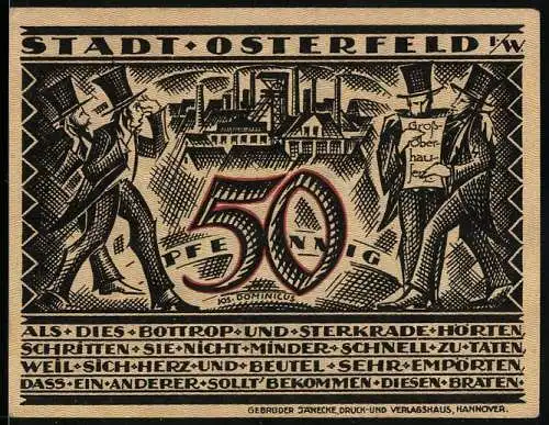 Notgeld Osterfeld i. W. 1921, 50 Pfennig, Bergarbeiter und Szene mit Grossoberhausen