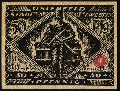 Notgeld Osterfeld i. W. 1921, 50 Pfennig, Bergarbeiter und Szene mit Grossoberhausen