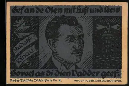 Notgeld Hannover 1922, 10 Mark, Rudolf Kinau mit Zitat