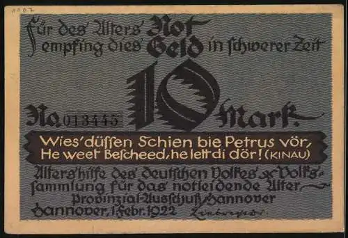 Notgeld Hannover 1922, 10 Mark, Rudolf Kinau mit Zitat