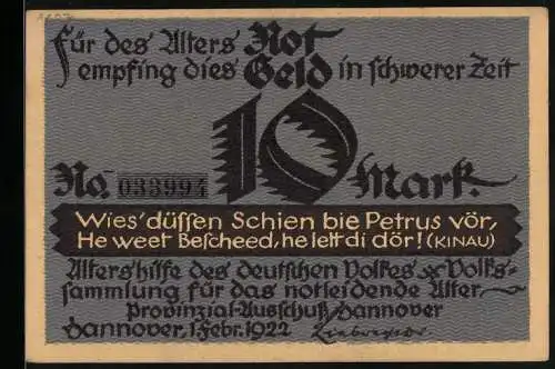 Notgeld Hannover 1922, 10 Mark, Rudolf Kinau und Prelle