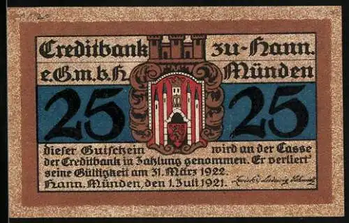 Notgeld Hann. Münden 1921, 25 Pfennig, Wappen und Tilly-Schanze