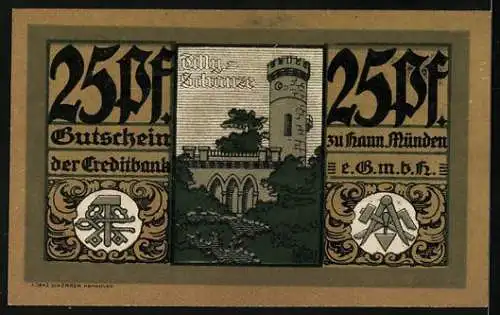 Notgeld Hann. Münden 1921, 25 Pfennig, Wappen und Tilly-Schanze