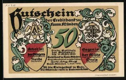 Notgeld Hann. Münden 1921, 50 Pfennig, Flusspartie mit Dampfer