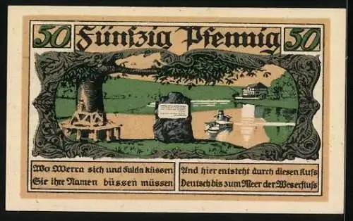 Notgeld Hann. Münden 1921, 50 Pfennig, Flusspartie mit Dampfer