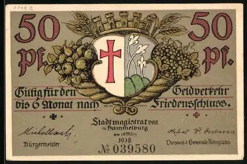 Notgeld Hammelburg 1918, 50 Pfennig, Wappen und Ortsansicht