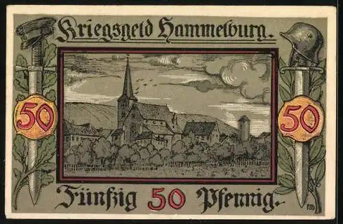 Notgeld Hammelburg 1918, 50 Pfennig, Wappen und Ortsansicht