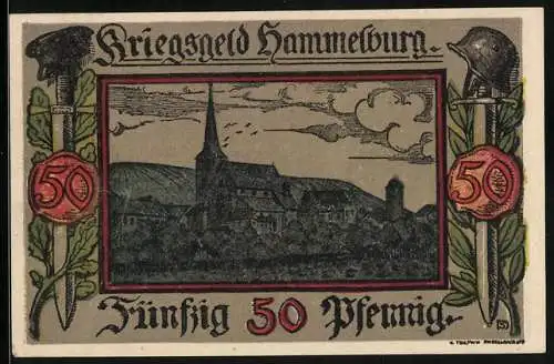 Notgeld Hammelburg 1918, 50 Pfennig, Ortsansicht und Wappen