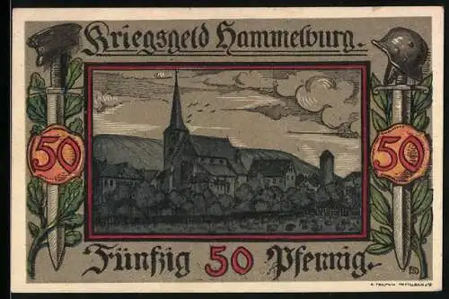 Notgeld Hammelburg 1918, 50 Pfennig, Wappen und Blick auf Ort