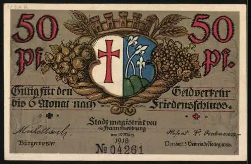 Notgeld Hammelburg 1918, 50 Pfennig, Wappen und Blick auf Ort