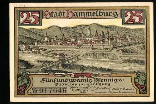 Notgeld Hammelburg 1918, 25 Pfennig, Stadtansicht und Buchdrucker Johan Froben