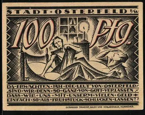 Notgeld Osterfeld i. W. 1921, 100 Pfennig, Bergarbeiter und Szene mit Bewohnern Osterfelds