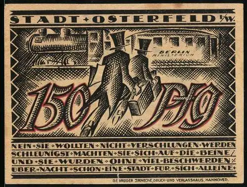 Notgeld Osterfeld i. W. 1921, 150 Pfennig, Bergarbeiter und Szene mit Osterfeldern auf dem Weg nach Berlin