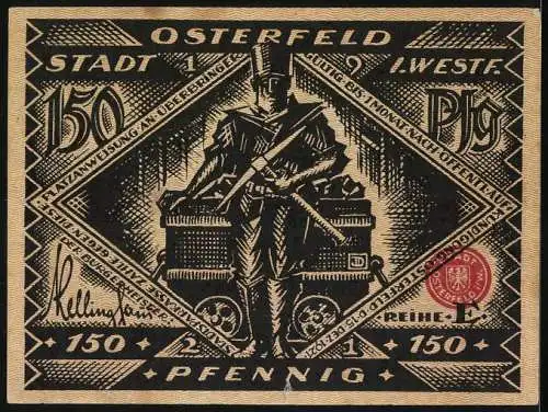 Notgeld Osterfeld i. W. 1921, 150 Pfennig, Bergarbeiter und Szene mit Osterfeldern auf dem Weg nach Berlin