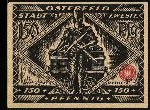 Notgeld Osterfeld i. W. 1921, 150 Pfennig, Bergarbeiter und Szene Osterfeld mit Stadtrecht