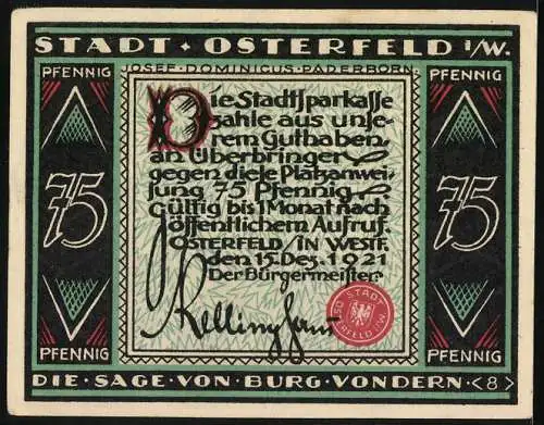 Notgeld Osterfeld i. W. 1921, 75 Pfennig, Szene aus der Burg Vondern-Sage