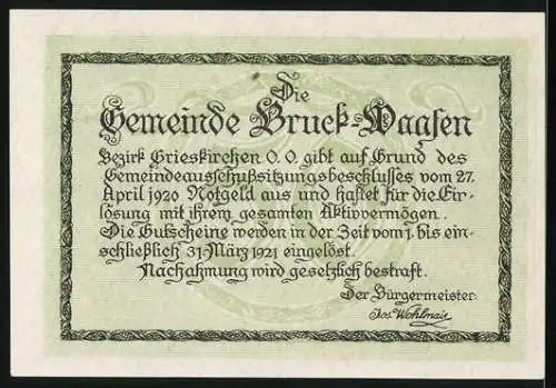 Notgeld Bruck-Waasen 1920, 50 Heller, Stadtansicht