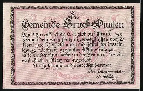 Notgeld Bruck-Waasen 1920, 20 Heller, Blick auf den Ort