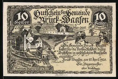 Notgeld Bruck-Waasen 1920, 10 Heller, Ortspartie aus der Vogelschau